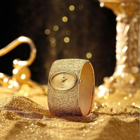 Women's Gold Bangle Analog Watch, Oval Dial with Zircon Accents, Bark Grain Texture, Spring Clasp Cuff in Saudi Arabia