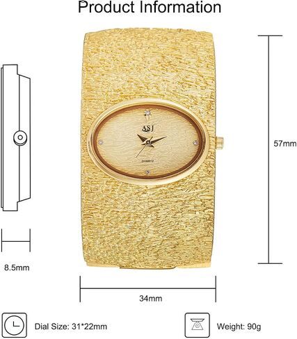 Women's Gold Bangle Analog Watch, Oval Dial with Zircon Accents, Bark Grain Texture, Spring Clasp Cuff in Saudi Arabia
