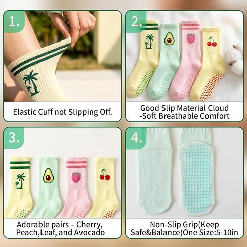 Pilates Grip Socks for Women-4 Pairs Yoga Grippy Slouch Socks, Cute Barre Non Slip Athletic Crew Sticky for Workout Hospital Gym in Saudi Arabia