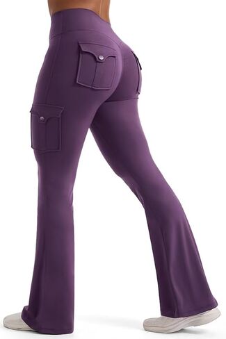 Flamingals Women's Flared Leggings Hidden Scrunch Butt Lifting High Waisted Tummy Control Cargo Yoga Pants with Pockets in Kuwait