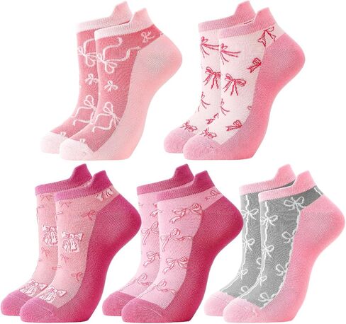 5 Pairs Women Bow Socks Pink Bow Crew Socks Pink Cotton Low Cut Sock for Birthday Decor Gift in Saudi Arabia