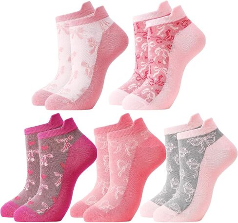 5 Pairs Women Bow Socks Pink Bow Crew Socks Pink Cotton Low Cut Sock for Birthday Decor Gift in Saudi Arabia