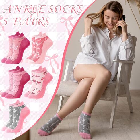 5 Pairs Women Bow Socks Pink Bow Crew Socks Pink Cotton Low Cut Sock for Birthday Decor Gift in Saudi Arabia