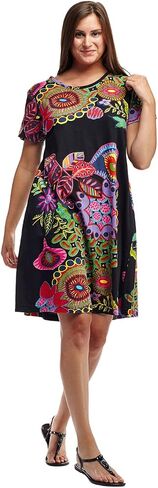 LA CERA Women's Dress, Short Sleeve Cotton Knit Print Dress, Black X-Large in Kuwait