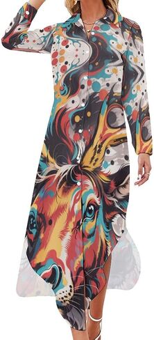 Women's Sketch-Dragons Long Sleeve Button Down Cute Maxi Shirt Dress in Saudi Arabia