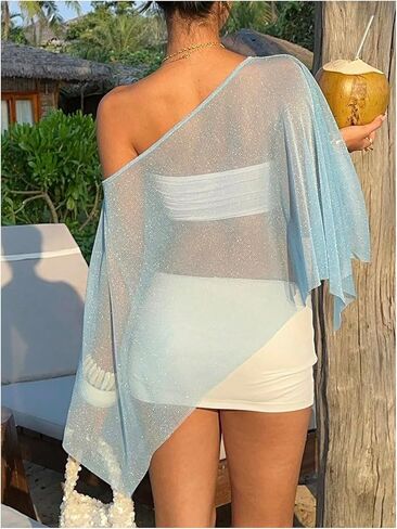 Verdusa Women's Shiny Sheer Poncho Top Asymmetrical Off Shoulder Cover Up Beach Outfits in Kuwait