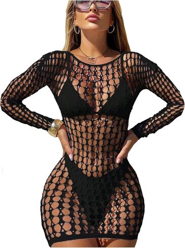 SHENHE Women's Sexy Fishnet Swim Cover Up Dress Hollow Out Long Sleeve Sheer Beach Coverups in Kuwait