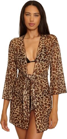 BECCA Safari Leopard Stretch Mesh Tie Front Tunic in Kuwait