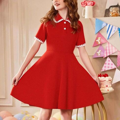 Girls Polo Dress Waffle Short Sleeve Scallop Collared Trim Fit Flare Skater A-Line School Holiday Outfit in Kuwait