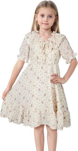 Zando Girls Floral Dress | Casual Ruffle Puff Sleeve Summer Dresses for Girls Kids Tween Spring Birthday 5-14 Years in Kuwait