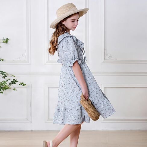 Zando Girls Floral Dress | Casual Ruffle Puff Sleeve Summer Dresses for Girls Kids Tween Spring Birthday 5-14 Years in Kuwait
