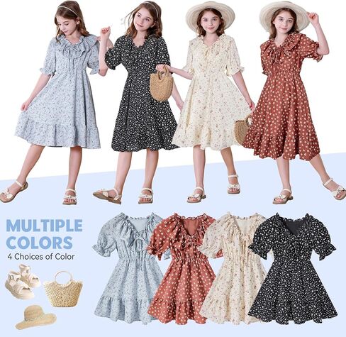 Zando Girls Floral Dress | Casual Ruffle Puff Sleeve Summer Dresses for Girls Kids Tween Spring Birthday 5-14 Years in Kuwait
