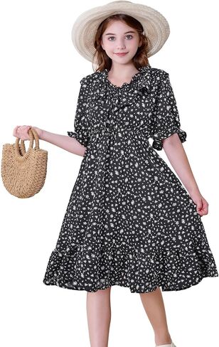 Zando Girls Floral Dress | Casual Ruffle Puff Sleeve Summer Dresses for Girls Kids Tween Spring Birthday 5-14 Years in Kuwait