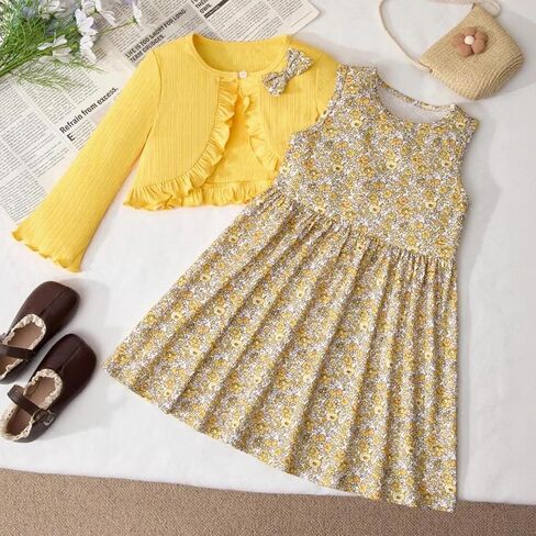 Girls Cardigan Dress Set Ruffle Placket Bow Accent Sleeveless A Line Skirt Floral Pattern Outfit Casual Layer in Kuwait
