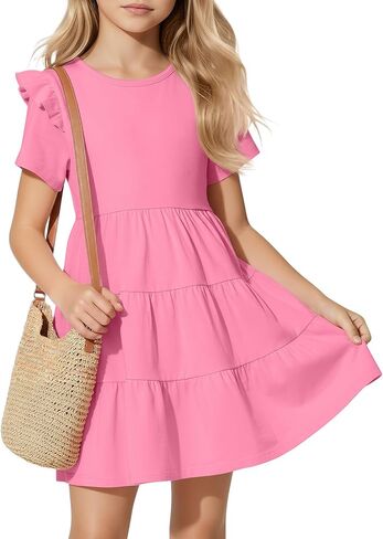 Girls' Short Sleeve Dress Summer Crew Neck Ruffle Dresses Kids Tiered Swing A Line Cute Casual Sundress, 5-14 Years in Kuwait