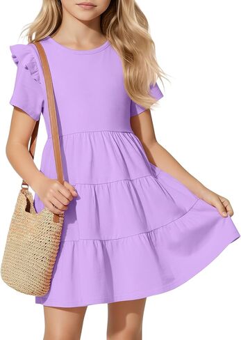 Girls' Short Sleeve Dress Summer Crew Neck Ruffle Dresses Kids Tiered Swing A Line Cute Casual Sundress, 5-14 Years in Saudi Arabia