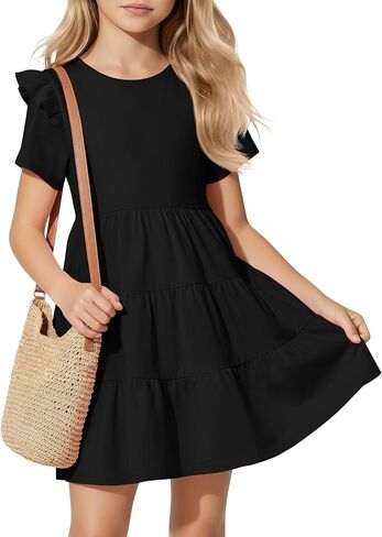 Girls' Short Sleeve Dress Summer Crew Neck Ruffle Dresses Kids Tiered Swing A Line Cute Casual Sundress, 5-14 Years in Saudi Arabia
