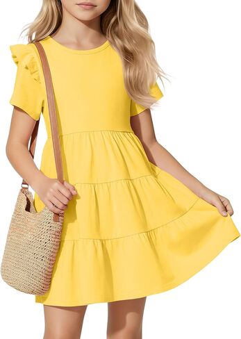 Girls' Short Sleeve Dress Summer Crew Neck Ruffle Dresses Kids Tiered Swing A Line Cute Casual Sundress, 5-14 Years in Saudi Arabia