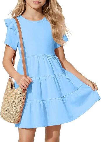 Girls' Short Sleeve Dress Summer Crew Neck Ruffle Dresses Kids Tiered Swing A Line Cute Casual Sundress, 5-14 Years in Saudi Arabia