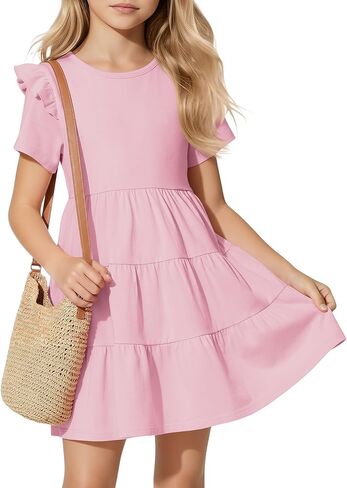 Girls' Short Sleeve Dress Summer Crew Neck Ruffle Dresses Kids Tiered Swing A Line Cute Casual Sundress, 5-14 Years in Saudi Arabia