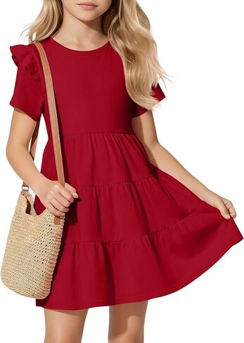 Girls' Short Sleeve Dress Summer Crew Neck Ruffle Dresses Kids Tiered Swing A Line Cute Casual Sundress, 5-14 Years in Saudi Arabia