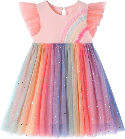 Girl's Little Flying Sleeve Pure Cotton Dress Yarn Skirt Round Neck Casual Style Age 2-7 Years Old in Kuwait