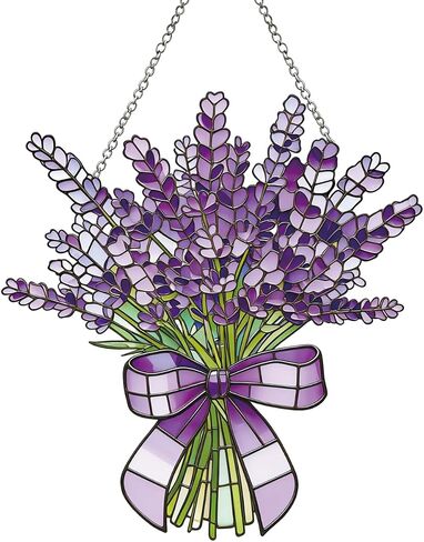 Lavender Flower Stained Glass Window Hanging Suncatchers Purple Lavender Ornament Indoor Wall Art Decor Floral Botanical Wall Hanging Decorations Gifts for Mom's Day in Saudi Arabia