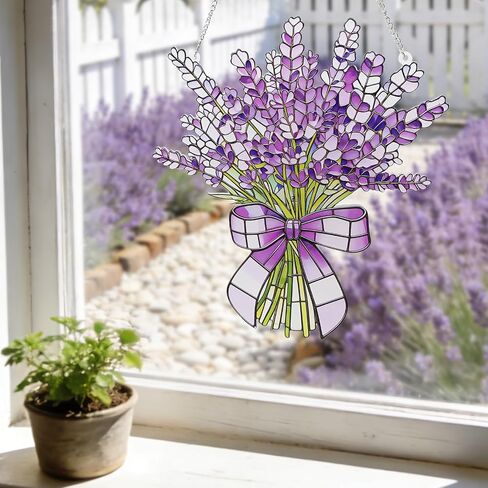 Lavender Flower Stained Glass Window Hanging Suncatchers Purple Lavender Ornament Indoor Wall Art Decor Floral Botanical Wall Hanging Decorations Gifts for Mom's Day in Saudi Arabia
