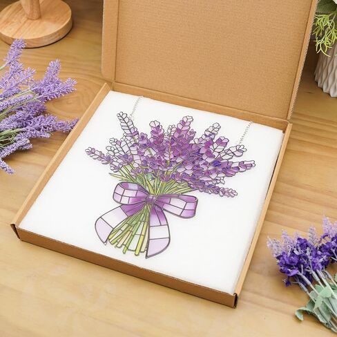 Lavender Flower Stained Glass Window Hanging Suncatchers Purple Lavender Ornament Indoor Wall Art Decor Floral Botanical Wall Hanging Decorations Gifts for Mom's Day in Saudi Arabia