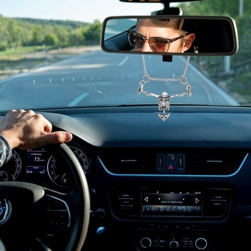 Skull Car Hanging Ornament, Skeleton Rear View Mirror Accessory Gothic Rearview Mirror Charms Car Accessories Halloween Daily Decor for Men Women in Kuwait