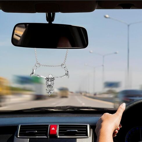 Skull Car Hanging Ornament, Skeleton Rear View Mirror Accessory Gothic Rearview Mirror Charms Car Accessories Halloween Daily Decor for Men Women in Kuwait