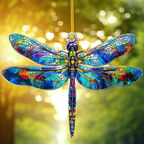 زينة معلقة لنافذة اليعسوب Suncatcher، قلادة أكريليك ذات تأثير الزجاج الملون مع سلسلة قابلة للتعديل، سحر السيارة، ديكور عيد الميلاد المنزلي، هدية عيد ميلاد روحية للنساء والأصدقاء in Kuwait