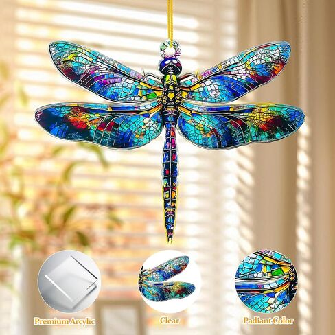زينة معلقة لنافذة اليعسوب Suncatcher، قلادة أكريليك ذات تأثير الزجاج الملون مع سلسلة قابلة للتعديل، سحر السيارة، ديكور عيد الميلاد المنزلي، هدية عيد ميلاد روحية للنساء والأصدقاء in Kuwait