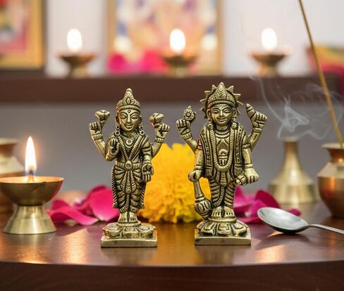 زوج eSplanade من النحاس Lakshmi Narayan - تمثال اللورد فيشنو مع تمثال Laxmi Idol Murti - 3 بوصات | Pooja Idols | ديكور المنزل in Kuwait