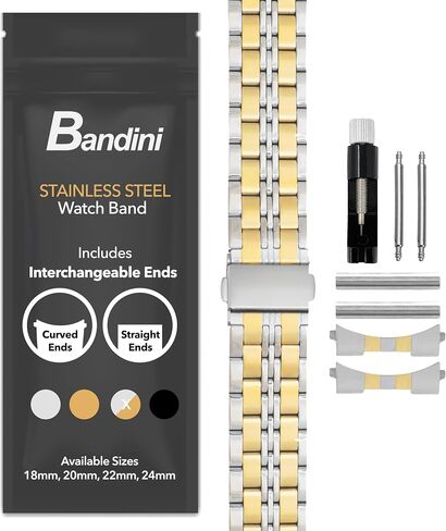 Bandini Stainless Steel Fitted Curved End Metal Watch Band, Tapered Watch Strap Bracelet, Push Button Deployment Clasp, Jubilee Style, Straight End Includeds - 18mm, 20mm, 22mm, 24mm in Saudi Arabia