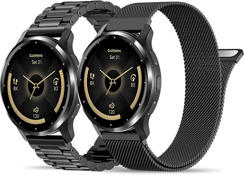Compatible with Garmin Vivoactive 5 Watch Band/Vivoactive 6/3, 20mm Stainless Steel 2 Pack Metal and Mesh Bracelet Strap Wristband for Forerunner 165/55/245/570-42mm/Venu/Venu Sq Women Men Accessory in Saudi Arabia