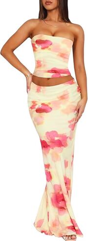 TZLDN Maxi Skirt Set Summer Women 2 Piece Outfits Tube Top Strapless Top Floral Printed Sexy Bodycon Dress Vacation Outfits in Saudi Arabia