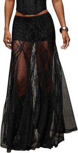 Women's Sexy See Through Sheer Lace Maxi Skirt Low Waist Ruffle Hem A Line Flowy Skirt in Saudi Arabia