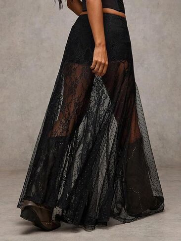 Women's Sexy See Through Sheer Lace Maxi Skirt Low Waist Ruffle Hem A Line Flowy Skirt in Saudi Arabia