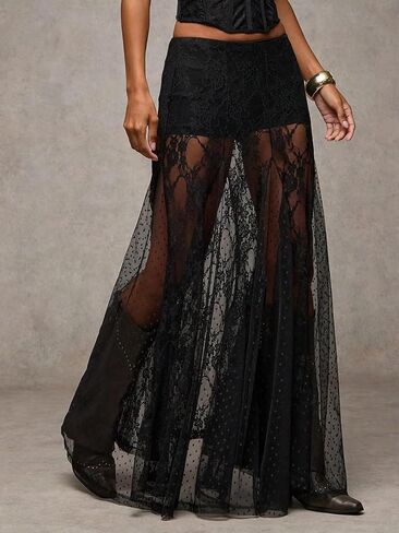 Women's Sexy See Through Sheer Lace Maxi Skirt Low Waist Ruffle Hem A Line Flowy Skirt in Saudi Arabia