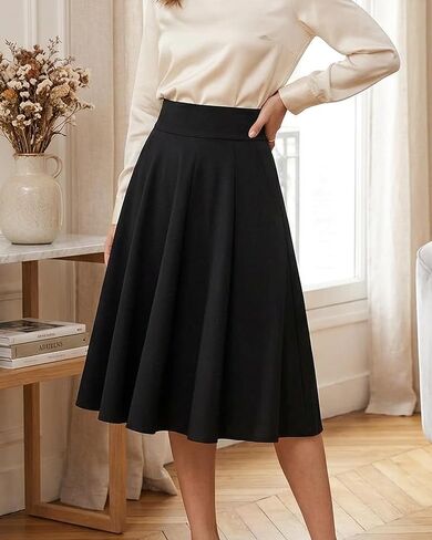 A Line Midi Skirt for Women High Waisted Pleated Elastic Waist Skirt Solid Color Plaid Tartan Casual Office Wear in Kuwait