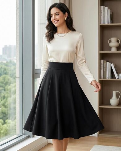 A Line Midi Skirt for Women High Waisted Pleated Elastic Waist Skirt Solid Color Plaid Tartan Casual Office Wear in Kuwait