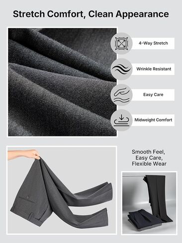 Men's Dress Pants 30" Inseam, Expandable Waist, 4-Way Stretch Wrinkle Resistant Straight Leg Business Casual Slacks in Kuwait