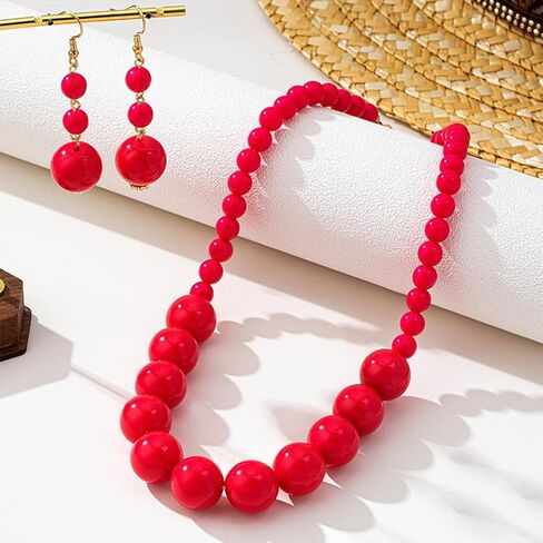 Vintage Statement Red Beads Jewelry Set for Women Simple Beaded Small Ball Necklace Drop Dangly Hook Earrings Exquisite Minimalist Holiday Accessories in Saudi Arabia