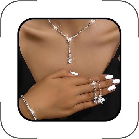 GIGB PBDK Silver Rhinestone Wedding Jewelry Sets for Women Trendy Sparkle Crystal Earrings Necklace Bracelet Set Simple CZ Party Prom Jewelry Set Formal Jewelry in Kuwait