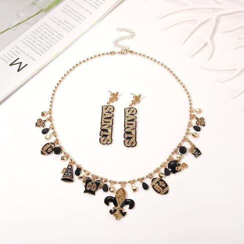 HEIDKRUEGER SAINTS Earrings Necklace Black Gold Pendant Necklace for Women Football Fans Jewelry Set in Kuwait