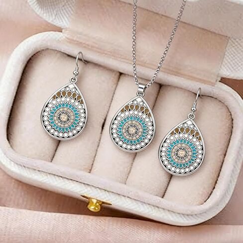 3Pcs Jewelry Set with Jewelry Box for Women Vintage Ethnic Design Boho Turquoise Pendant Necklace and Drop Dangle Earrings Wedding Gifts in Kuwait