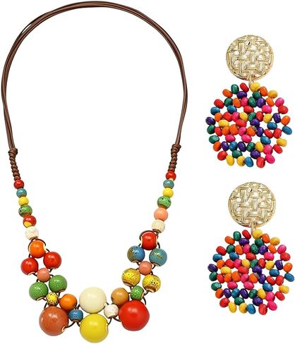 2 Pcs Hippie Boho Colorful Ceramic Beaded Necklace and Earrings Set for Women Aesthetic Hippie Jewelry Beaded Jewelry with Adjustable Chunky Round Beads Strand for Summer Beach Party Present in Saudi Arabia