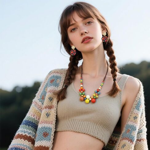 2 Pcs Hippie Boho Colorful Ceramic Beaded Necklace and Earrings Set for Women Aesthetic Hippie Jewelry Beaded Jewelry with Adjustable Chunky Round Beads Strand for Summer Beach Party Present in Saudi Arabia