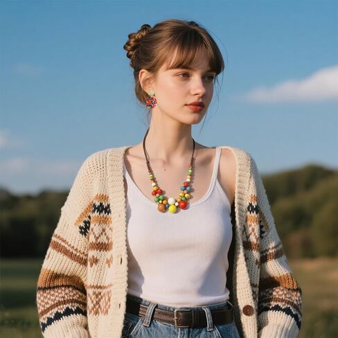 2 Pcs Hippie Boho Colorful Ceramic Beaded Necklace and Earrings Set for Women Aesthetic Hippie Jewelry Beaded Jewelry with Adjustable Chunky Round Beads Strand for Summer Beach Party Present in Saudi Arabia
